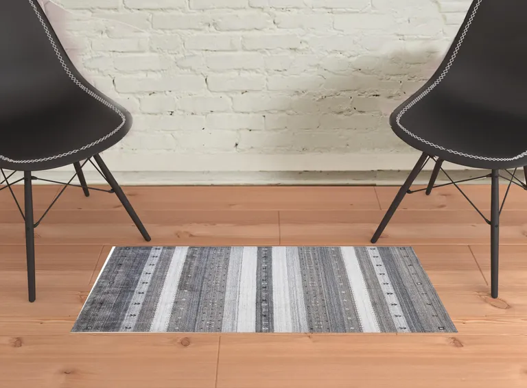 Gray Silver And Black Wool Striped Hand Knotted Stain Resistant Area Rug Photo 2