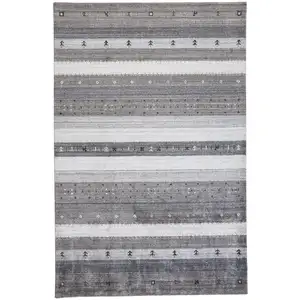 Photo of Gray Silver And Black Wool Striped Hand Knotted Stain Resistant Area Rug