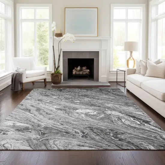 Gray Silver And Charcoal Abstract Washable Indoor Outdoor Area Rug Photo 8