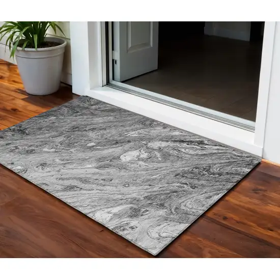 Gray Silver And Charcoal Abstract Washable Indoor Outdoor Area Rug Photo 1