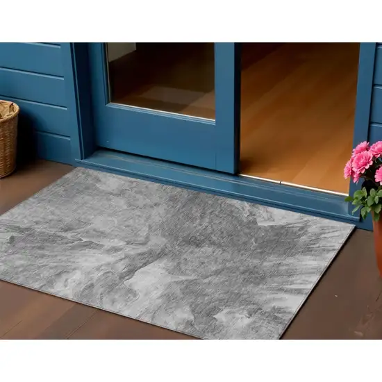 Gray Silver And Charcoal Abstract Washable Indoor Outdoor Area Rug Photo 1