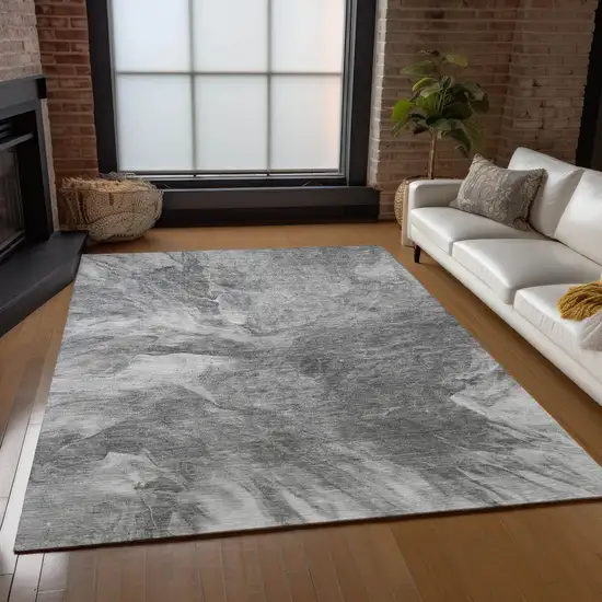 Gray Silver And Charcoal Abstract Washable Indoor Outdoor Area Rug Photo 9