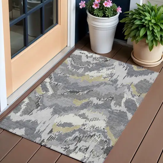 Gray Silver And Charcoal Abstract Washable Indoor Outdoor Area Rug Photo 1