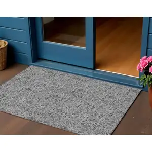 Photo of Gray Silver And Charcoal Floral Washable Indoor Outdoor Area Rug