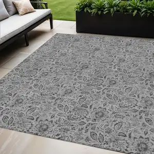 Photo of Gray Silver And Charcoal Floral Washable Indoor Outdoor Area Rug