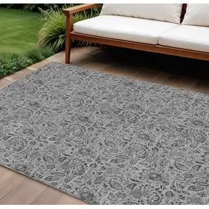 Photo of Gray Silver And Charcoal Floral Washable Indoor Outdoor Area Rug