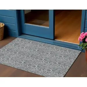 Photo of Gray Silver And Charcoal Floral Washable Indoor Outdoor Area Rug