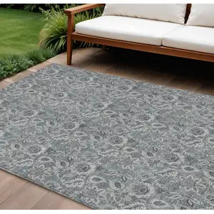 Photo of Gray Silver And Charcoal Floral Washable Indoor Outdoor Area Rug