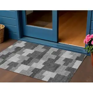 Photo of Gray Silver And Charcoal Geometric Washable Indoor Outdoor Area Rug