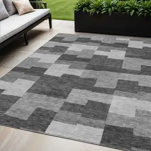 Photo of Gray Silver And Charcoal Geometric Washable Indoor Outdoor Area Rug