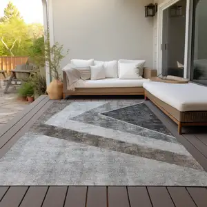 Photo of Gray Silver And Charcoal Geometric Washable Indoor Outdoor Area Rug