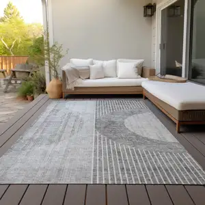 Photo of Gray Silver And Charcoal Geometric Washable Indoor Outdoor Area Rug