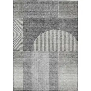 Photo of Gray Silver And Charcoal Geometric Washable Indoor Outdoor Area Rug