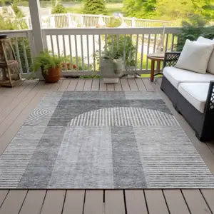 Photo of Gray Silver And Charcoal Geometric Washable Indoor Outdoor Area Rug