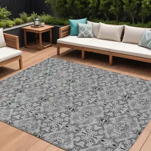 Photo of Gray Silver And Charcoal Medallion Washable Indoor Outdoor Area Rug