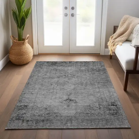 Gray Silver And Charcoal Oriental Washable Indoor Outdoor Area Rug Photo 9