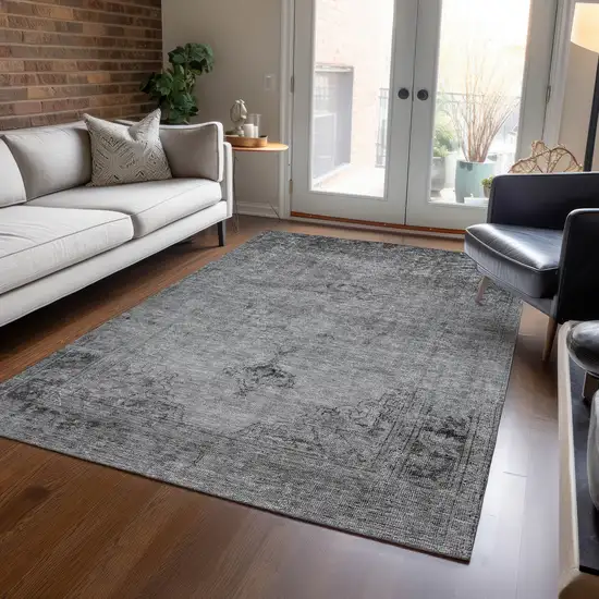 Gray Silver And Charcoal Oriental Washable Indoor Outdoor Area Rug Photo 8