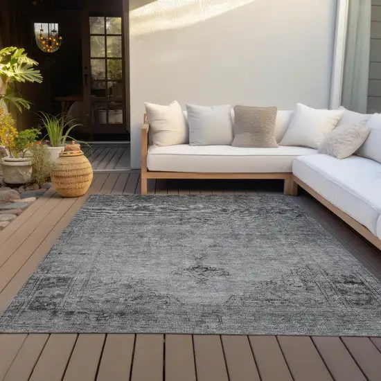 Gray Silver And Charcoal Oriental Washable Indoor Outdoor Area Rug Photo 7