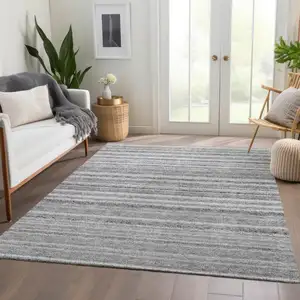 Photo of Gray Silver And Charcoal Striped Washable Indoor Outdoor Area Rug