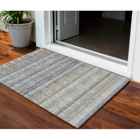 Gray Silver And Charcoal Striped Washable Indoor Outdoor Area Rug Photo 1