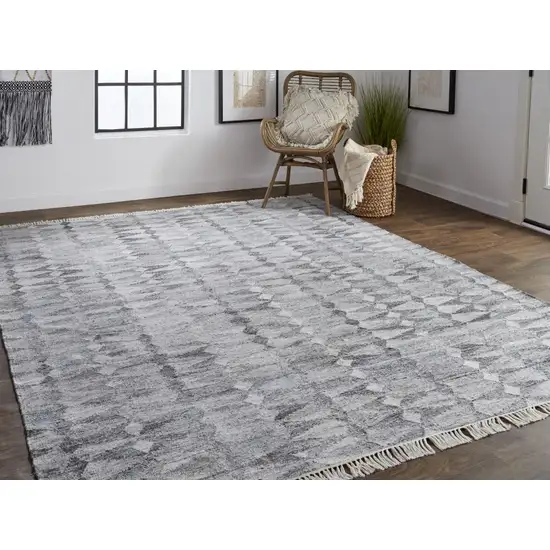 Gray Silver And Ivory Geometric Hand Woven Stain Resistant Area Rug With Fringe Photo 6