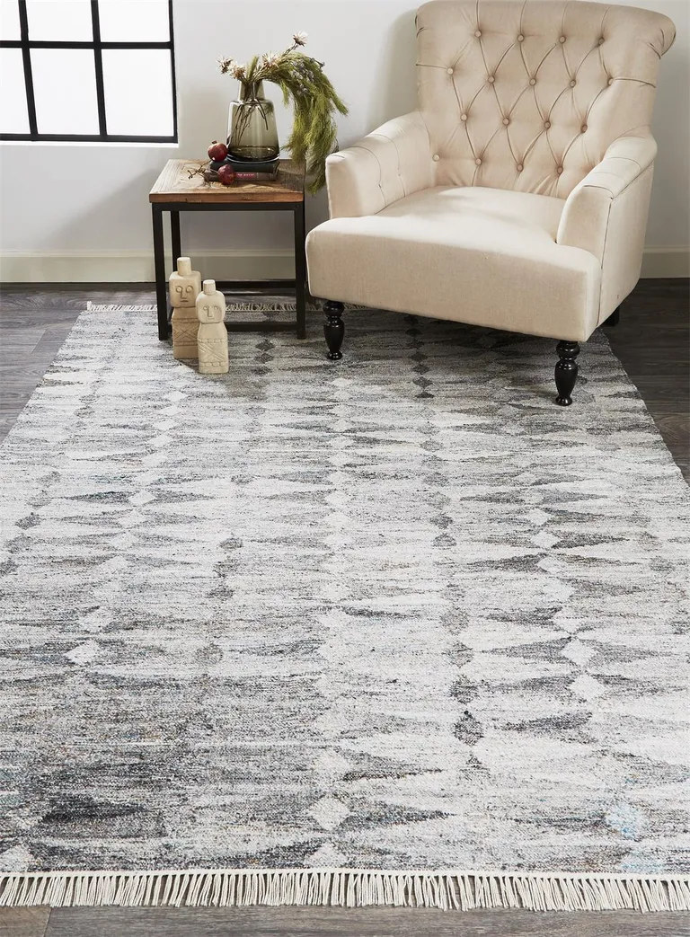 Gray Silver And Ivory Geometric Hand Woven Stain Resistant Area Rug With Fringe Photo 5