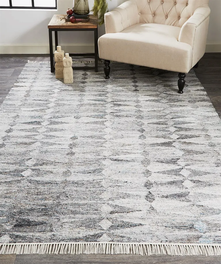 Gray Silver And Ivory Geometric Hand Woven Stain Resistant Area Rug With Fringe Photo 4