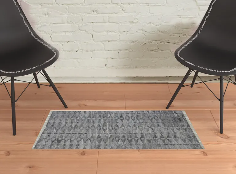 Gray Silver And Ivory Geometric Hand Woven Stain Resistant Area Rug With Fringe Photo 3