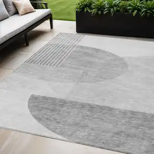 Photo of Gray Silver And Ivory Geometric Washable Indoor Outdoor Area Rug