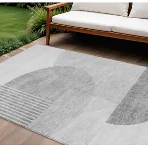 Photo of Gray Silver And Ivory Geometric Washable Indoor Outdoor Area Rug