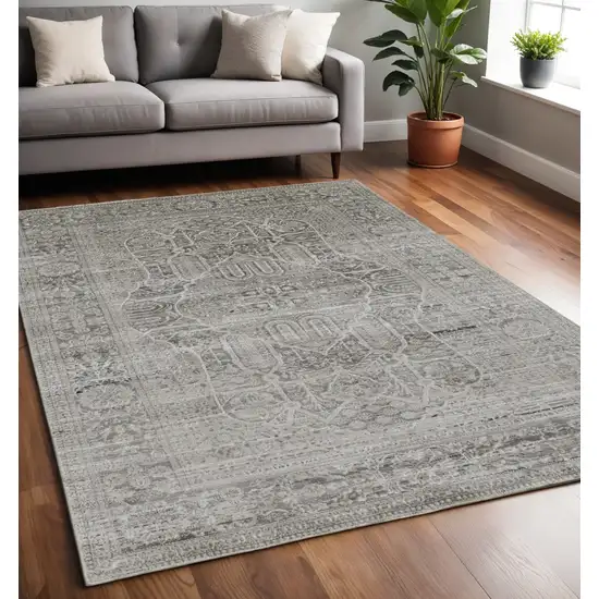 Gray and Ivory Floral Power Loom Distressed Non Skid Area Rug Photo 1