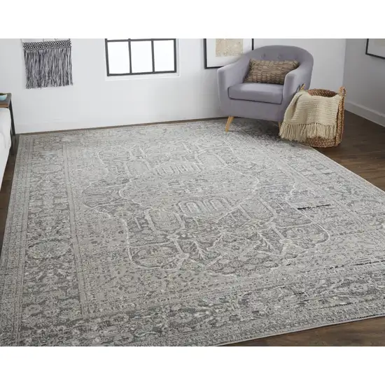 Gray Silver And Taupe Floral Power Loom Distressed Area Rug Photo 6