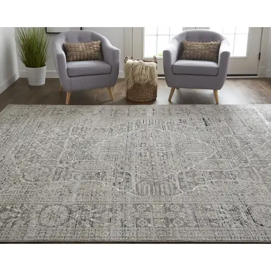 Gray Silver And Taupe Floral Power Loom Distressed Area Rug Photo 7