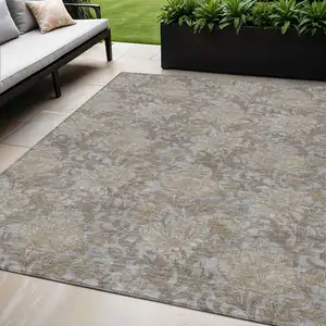 Photo of Gray Silver And Taupe Floral Washable Indoor Outdoor Area Rug