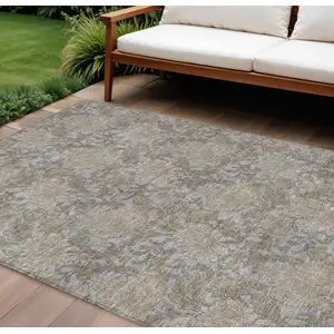 Photo of Gray Silver And Taupe Floral Washable Indoor Outdoor Area Rug