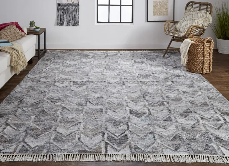 Gray Silver And Taupe Geometric Hand Woven Stain Resistant Area Rug With Fringe Photo 2