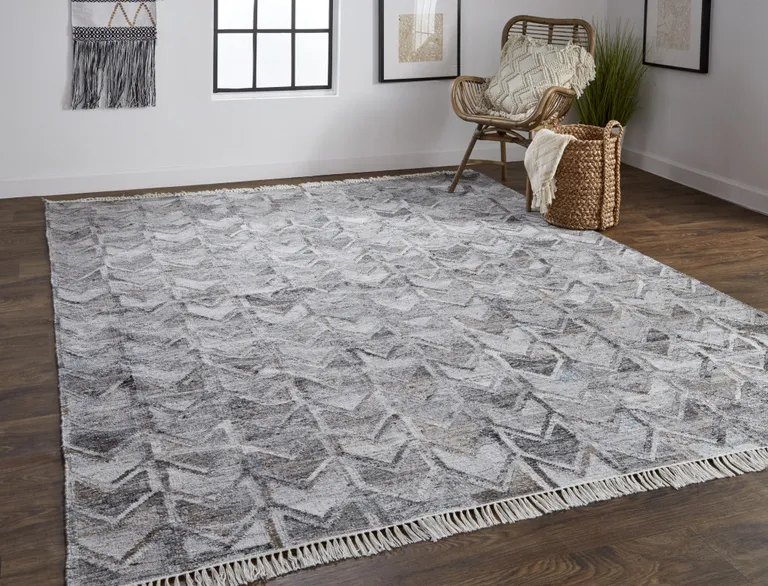 Gray Silver And Taupe Geometric Hand Woven Stain Resistant Area Rug With Fringe Photo 1