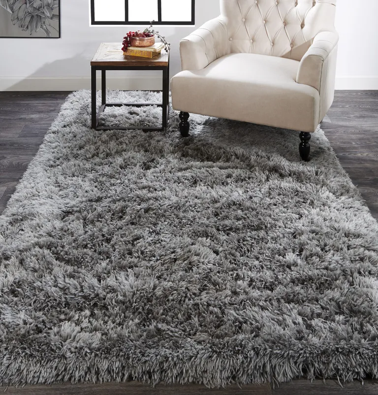 Gray Silver And Taupe Shag Tufted Handmade Stain Resistant Area Rug Photo 5