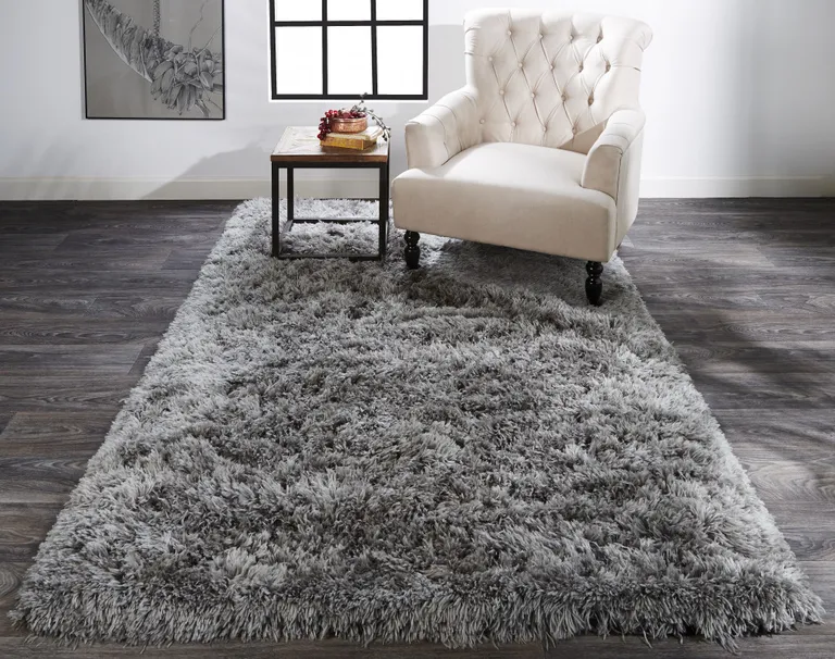 Gray Silver And Taupe Shag Tufted Handmade Stain Resistant Area Rug Photo 3