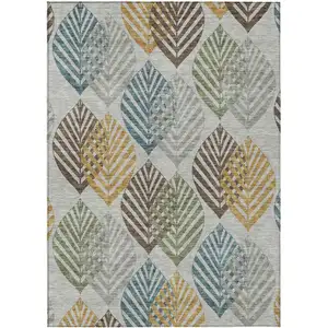 Photo of Gray Silver And Teal Blue Floral Washable Indoor Outdoor Area Rug