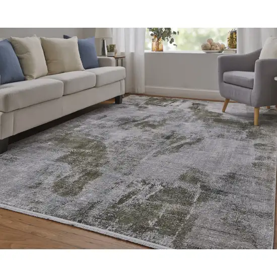 Gray Silver and Green Ikat Power Loom Area Rug With Fringe Photo 9