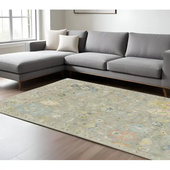 Gray Sky Blue And Yellow Wool Oriental Hand Knotted Area Rug With Fringe Photo 1