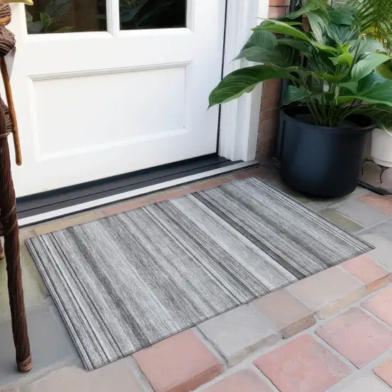 Gray Striped Washable Non Skid Indoor Outdoor Area Rug Photo 8