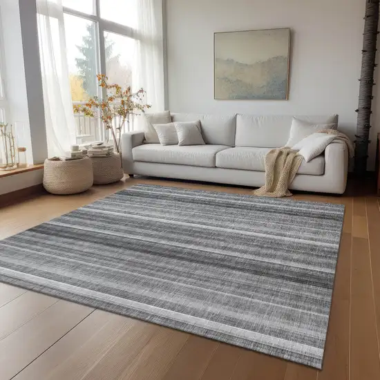 Gray Striped Washable Non Skid Indoor Outdoor Area Rug Photo 8