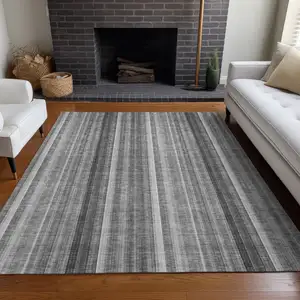 Photo of Gray Striped Washable Non Skid Indoor Outdoor Area Rug