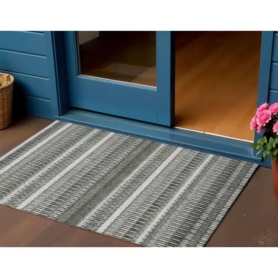 Gray Striped Washable Non Skid Indoor Outdoor Area Rug Photo 1