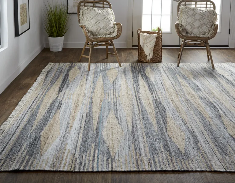 Gray Tan And Silver Abstract Hand Woven Stain Resistant Area Rug With Fringe Photo 5