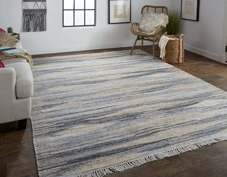 Gray Tan And Silver Abstract Hand Woven Stain Resistant Area Rug With Fringe Photo 4