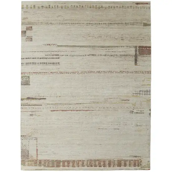 Gray Tan and Green Wool Abstract Hand Knotted Area Rug Photo 4