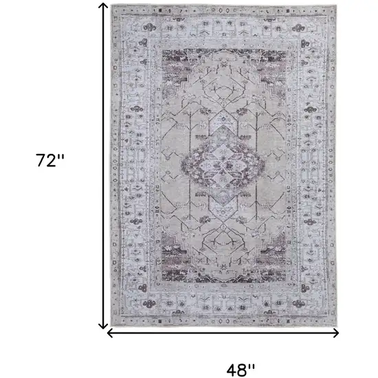 Gray Tan and Ivory Oriental Power Loom Worn Faded Washable Area Rug Photo 3